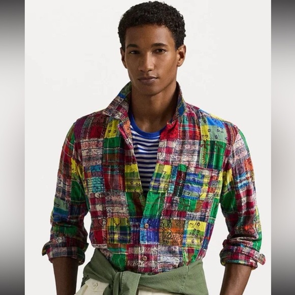 Polo Ralph Lauren Men's 2XLT Patchwork Madras Long Sleeve Camp Shirt